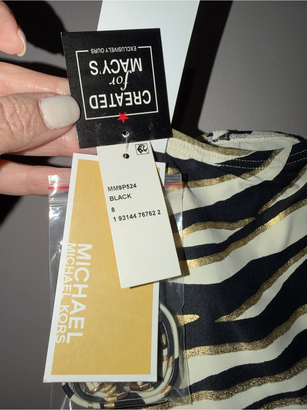 Michael Kors Black, White & Gold Zebra Stripe One-Shoulder Swimsuit - Picture 8 of 9